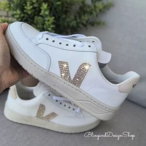 Veja V-12 Leather White Sable Sneakers made with Rose Gold Swarovski Crystals